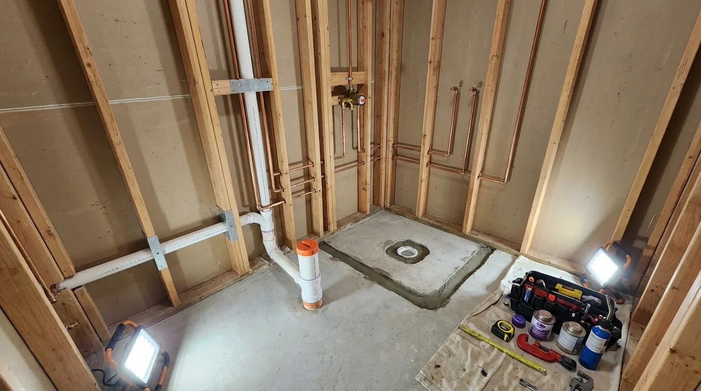 Bathroom rough-in plumbing during remodel by Johns Plumbing LLC in Glenview