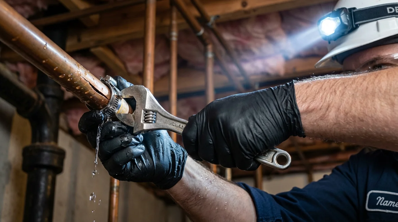 Emergency pipe clamp repair being performed by a Johns Plumbing LLC plumber in Glenview